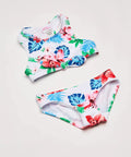 Girls UPF 50 Plus Racer Bikini Set Addie Two Piece Swimsuit in Peggy White floral print, nylon tricot lined, front view.