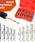 Go To 10 Piece Screw Extractor And Left Hand Drill Bit Set with alloy spiral flutes in orange case, shown with measurements