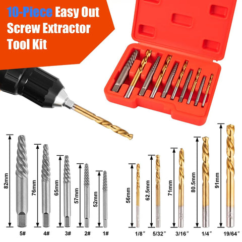 Go To 10 Piece Screw Extractor And Left Hand Drill Bit Set with alloy spiral flutes in orange case, shown with measurements
