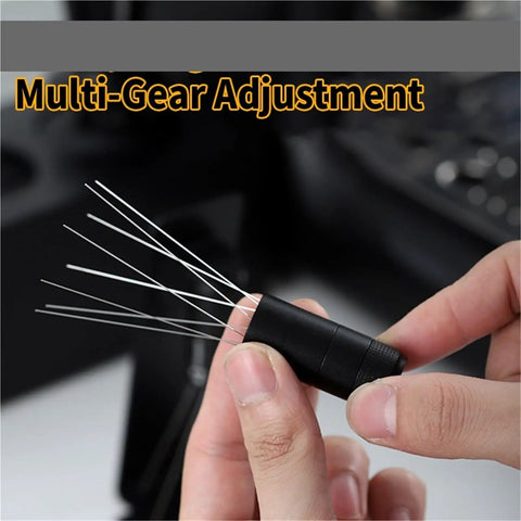 Professional Game Changing Coffee Distribution Tool With Magnetic Stand And Adjustable Wdt Needle Barista Coffee Stirrer shown in hand with multi-gear adjustment feature.