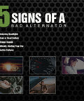 Signs of a bad alternator with images of flickering headlights, speedometer, frustrated driver, starting key, and open hood