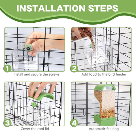 Installation steps for No Fuss Acrylic Automatic Bird Feeder With Sturdy Perch for cage with seed filling.