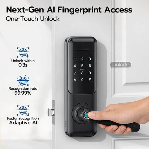 Person using Keyless Fingerprint Smart Door Lock With Handle For Front Door Keypad Entry No Key Needed Digital Lock Replacement