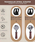 Triangular spiral scraper set for 58 mm powder bowl, showcasing right angle and round scrapers for efficient cleaning.
