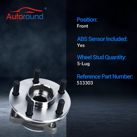 Front Wheel Bearing Hub Assembly 513303 For Subaru Forester Impreza XV Crosstrek Outback Legacy 5 Lug Front Axle With ABS Compatible Durable Hub Unit For Smooth Ride And Easy Install shown in front view.