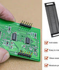 Hand holding circuit board with black 2 Pack Anti Static PCB Tray Racks With 25 Slots ESD Safe Bar Brackets shown beside features list.