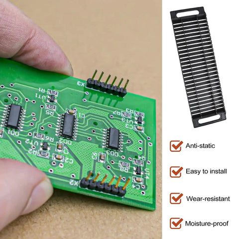 Hand holding circuit board with black 2 Pack Anti Static PCB Tray Racks With 25 Slots ESD Safe Bar Brackets shown beside features list.