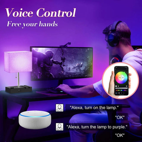 Gamer using RGB Smart Table Lamp With Remote Control Alexa Voice And App Control Music Sync Dimmable Nightstand Lamp With Charging Station