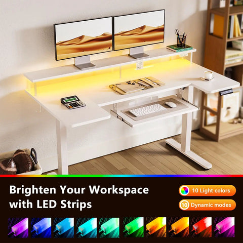 U Shaped Electric Standing Desk With Keyboard Tray And Monitor Stand, 55 Inch Adjustable Sit Stand Table With LED Lights in white