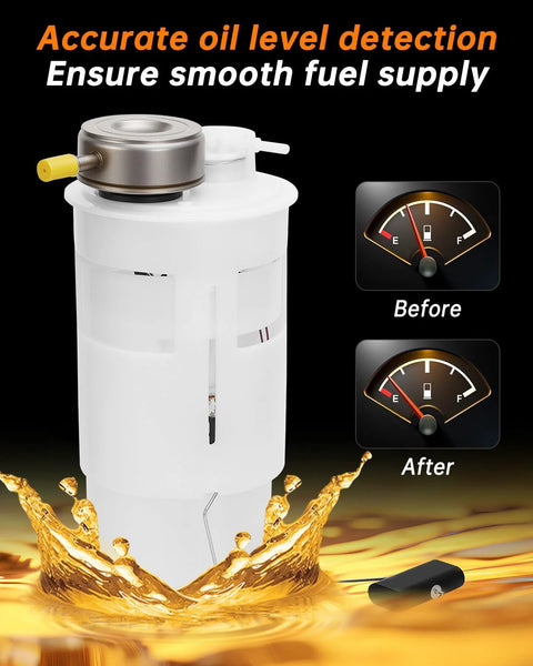 Electric Fuel Pump Module Assembly For Dodge Ram 1500 2500 3500 With 3.9L V6 5.2L V8 5.9L V8 And 8.0L V10 Engines Replacement E7138M SP7138M Direct Fit High Quality Performance For Reliable Fuel Delivery Under Heavy Use, depicted with fuel gauges indicating before and after performance.
