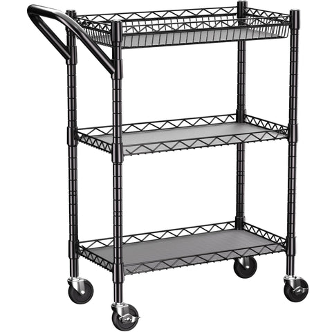Three Tier Heavy Duty Rolling Utility Cart With Industrial Metal Frame And Handle Bar 18 In Deep By 23.8 In Wide By 36.6 In High Includes Shelf Liner