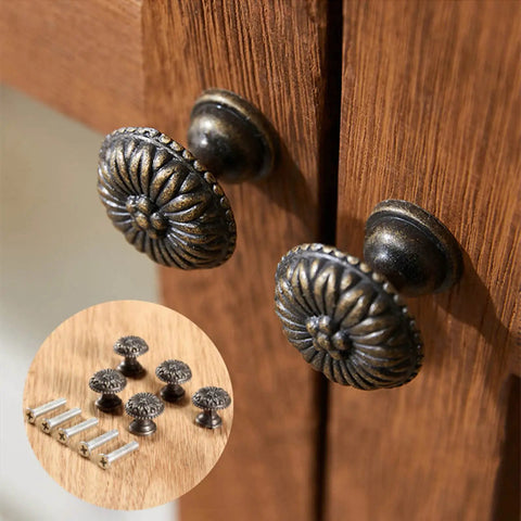 Five Pack Antique Brass Tiny Round Cabinet Knobs For Drawers And Cabinets, 17x15mm Iron Drawer Pulls With M4x25mm Screws, Vintage Style Hardware With Anti Rust Finish on wooden cabinet door