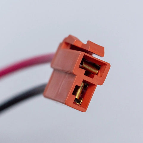 Close-up of plug connector from 24V Ride On Toy Wiring Harness With 35A Replaceable Fuse, No Fuss Plug And Play Battery Charger Connector.