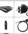 AC Servo Motor Kit 220V 3000RPM with 17 Bit Encoder RS485 Driver Controller for CNC Machines 750W, components and cables showcased.