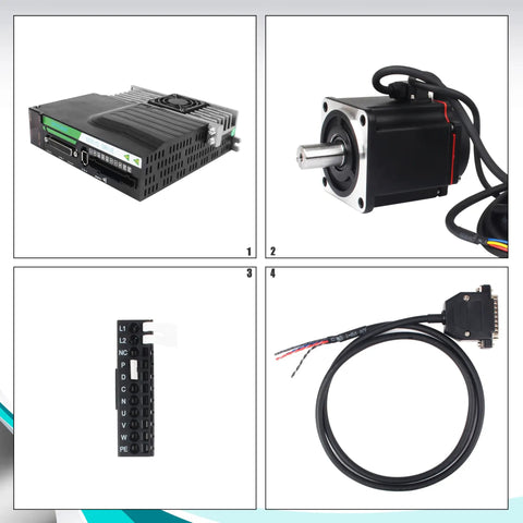 AC Servo Motor Kit 220V 3000RPM with 17 Bit Encoder RS485 Driver Controller for CNC Machines 750W, components and cables showcased.