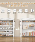 Five Tier Shoe Rack With Cover Holds 20 To 24 Pairs Of Shoes, showing removable layer for various shoe types, white color