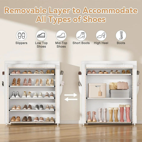 Five Tier Shoe Rack With Cover Holds 20 To 24 Pairs Of Shoes, showing removable layer for various shoe types, white color