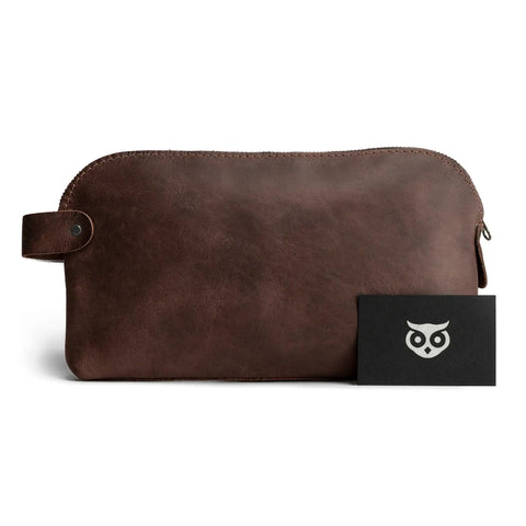 Rugged Leather Dopp Kit For Cords And Chargers, All Purpose Travel Organizer, Full Grain Bourbon Brown Handmade Bag front view
