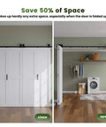 Space Saving Bi Fold Barn Door Kit 64 by 84 Inches White With Hardware Included Sliding Closet Doors Installed Open and Close View