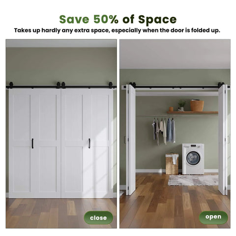 Space Saving Bi Fold Barn Door Kit 64 by 84 Inches White With Hardware Included Sliding Closet Doors Installed Open and Close View