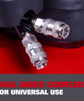 Dual quick couplers on Heavy Duty Six Gallon Pancake Air Compressor With Dependable Oil Free Pump Generating 150 Psi.