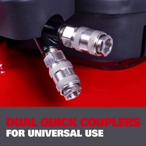 Dual quick couplers on Heavy Duty Six Gallon Pancake Air Compressor With Dependable Oil Free Pump Generating 150 Psi.