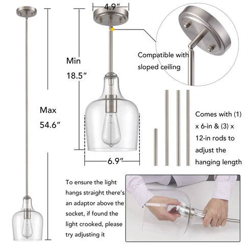 Modern Farmhouse Glass Pendant Light For Kitchen Island In Brushed Nickel Hand Blown Teardrop Shade 1 Light ETL Listed