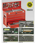 Aircraft Maintenance Tool Kit, 123 Piece Hand Tools Set With Sockets, Ratchets, Extensions, Universal Joints, Bit Holders, And More, Heavy Duty Tool Box For Planes And Choppers, Built Tough, German Quality showing red toolbox with organized tools.