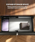Heavy Duty Cold Rolled Steel Under Desk Drawer With Secure Lock And Slick Slide Out Tracks For Boss Level Paperwork And Tech Accessory Organization At Your Desk Station holding a wallet, phone, and pen.