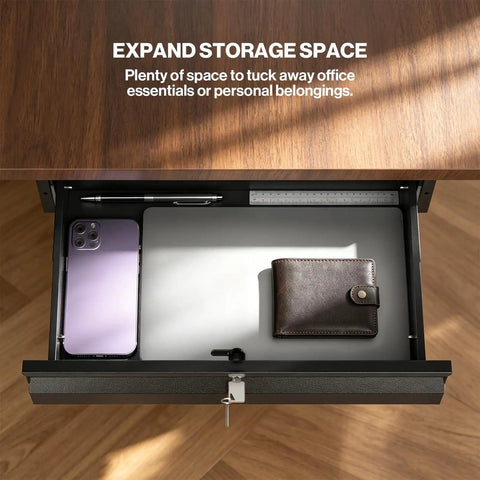 Heavy Duty Cold Rolled Steel Under Desk Drawer With Secure Lock And Slick Slide Out Tracks For Boss Level Paperwork And Tech Accessory Organization At Your Desk Station holding a wallet, phone, and pen.