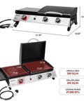 Three Burner Propane Grill And Griddle Combo With Lid, 29,000 BTU Output, showing dimensions and cooking areas