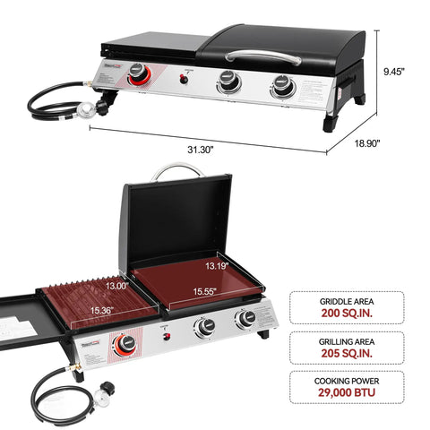 Three Burner Propane Grill And Griddle Combo With Lid, 29,000 BTU Output, showing dimensions and cooking areas