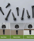 Black Zinc Stainless Self Tapping Screws Set, 121 Piece, 410 Stainless, Self Drilling For Metal shown with application examples.