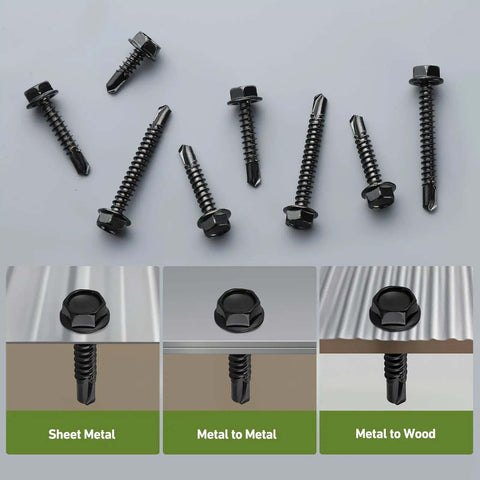 Black Zinc Stainless Self Tapping Screws Set, 121 Piece, 410 Stainless, Self Drilling For Metal shown with application examples.
