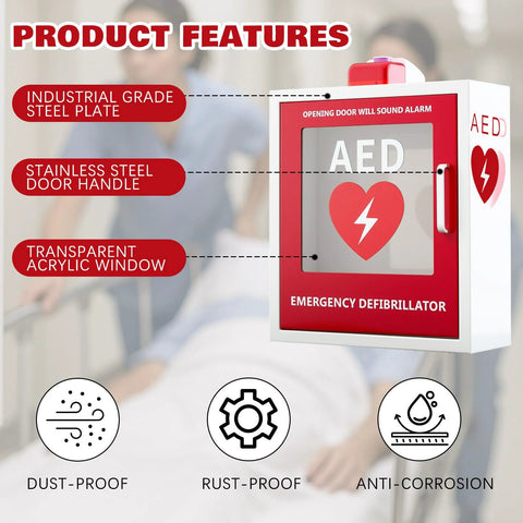 AED cabinet wall-mounted with alarm, red front panel, clear acrylic window and stainless steel handle