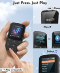Hand holding 64GB Clip On MP3 Player With Bluetooth 5.3 Auto Reconnect for Running and Gym Workouts showing play button and options