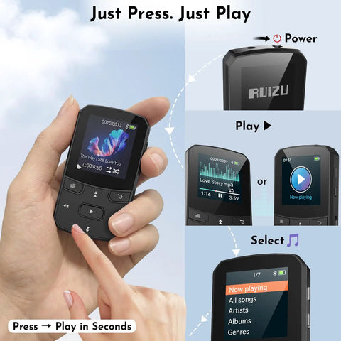 Hand holding 64GB Clip On MP3 Player With Bluetooth 5.3 Auto Reconnect for Running and Gym Workouts showing play button and options