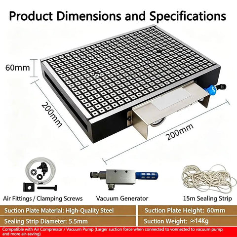 Shop Ready Cnc Vacuum Chuck And Suction Base Plate With Built Tough Grip And Stable Pressure For Router Milling Fixtures On Metal Or Plastic Workpieces, showing 200x200mm steel plate dimensions.