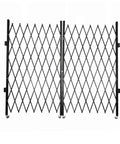 Heavy Duty Double Folding Security Gate Built Like A Tank For Garage And Warehouse With Rock Solid Expandable Metal Scissor Design and Four Lockable Rolling Casters, black iron steel, fully expanded.