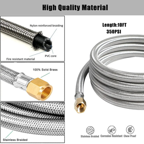10 Ft High Pressure Propane Extension Hose With Steel Braided Line And 3/8 Flare Fittings Conversion Couplings Kit with brass fitting