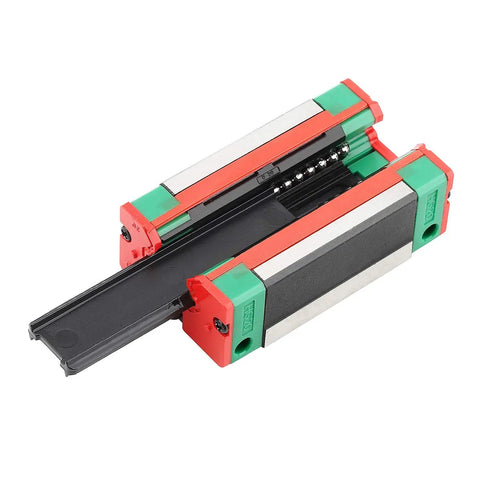 HGH20 CNC Square Linear Guide Rail Kit featuring a red and green carriage block for 3D printers and DIY builds.