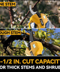 Brushless Cordless Electric Pruning Shears with LCD Display and SK5 Blades cutting fine and rough stems in a garden setting