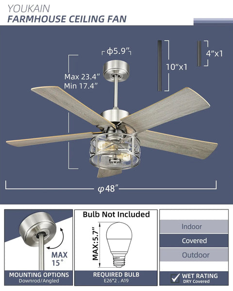 Farmhouse Industrial Ceiling Fan With Light And Remote 48 Inch Beefy Iron Build In Brushed Nickel Finish Two Reversible Blades