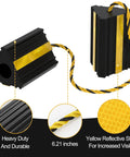 Heavy Duty Rubber Wheel Chocks With Rope Two Pair Or Four Pack Reflective Strips Anti Roll Immobilizer For RVs Trucks Trailers Campers And Cars Built Tough For All Weather, showing reflective strips and twisted rope detail.