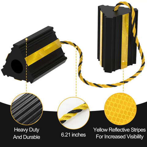 Heavy Duty Rubber Wheel Chocks With Rope Two Pair Or Four Pack Reflective Strips Anti Roll Immobilizer For RVs Trucks Trailers Campers And Cars Built Tough For All Weather, showing reflective strips and twisted rope detail.