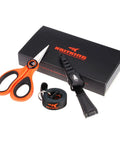 Paradox 5.5 Inch Fishing Scissors With Serrated 3CR13 Japanese 420 Stainless Blades For Braided Line Mono And Fluorocarbon In Freshwater And Saltwater No Fuss Lightweight Durable Handle For Easy On The Go Cuts. orange and black fishing scissors with box and strap