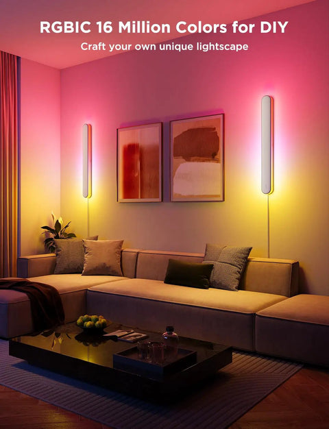 Straight Up Versatile Smart Wall Sconces Featuring Hella Bright RGBICW Led Bulbs Totally Customizable 16 Million Colors And Game Changing Matter App Control Low Key Chic Accent Lighting For Any Vibe Set Of Two Pieces in stylish living room setting with plush sofa.