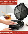 User cleaning Novalife Electric Quesadilla Maker 9.5 Inch Press with non-stick surface; easy to wipe clean.