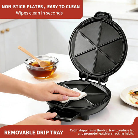 User cleaning Novalife Electric Quesadilla Maker 9.5 Inch Press with non-stick surface; easy to wipe clean.