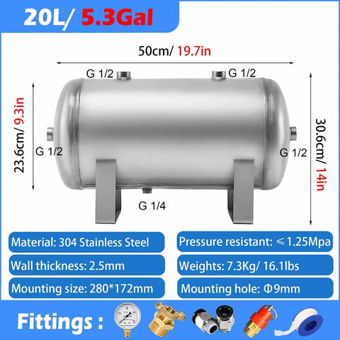 20L High Pressure Air Tank Portable 304 Stainless Steel Mini Air Compressor Vessel With Mounting Kit Tough Rustproof Gas Storage Solution For Tools And Projects Reliable Performance In Compact Size